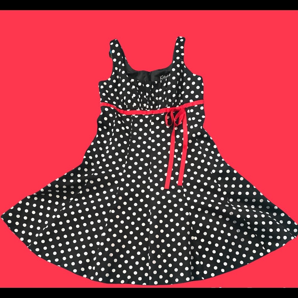 50s vibe polka dot midi dress with empire bodice and circletail swing sk…